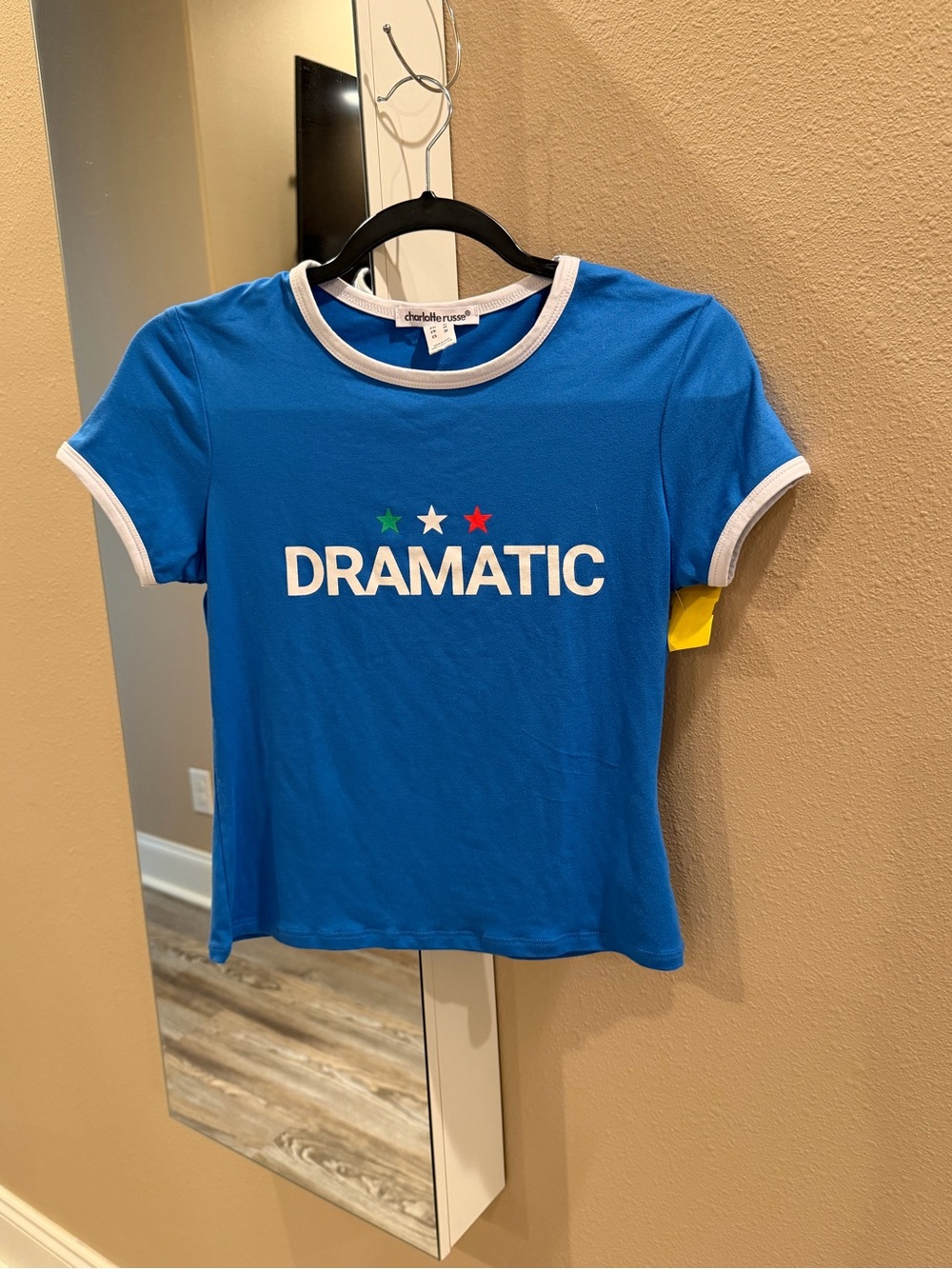 Charlotte Russe Blue "DRAMATIC" Graphic Ringer Tee